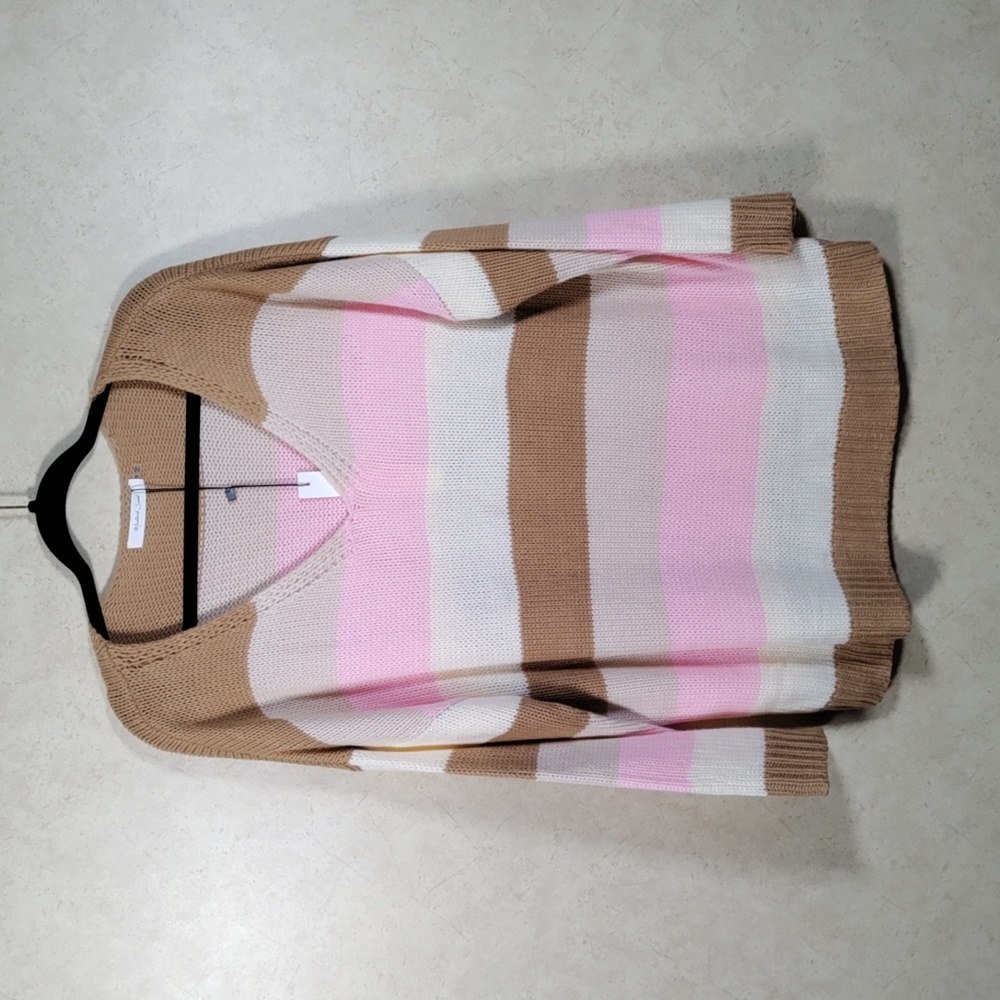 6144 Mustard Seed tan, cream and pink striped knit sweater M NWT